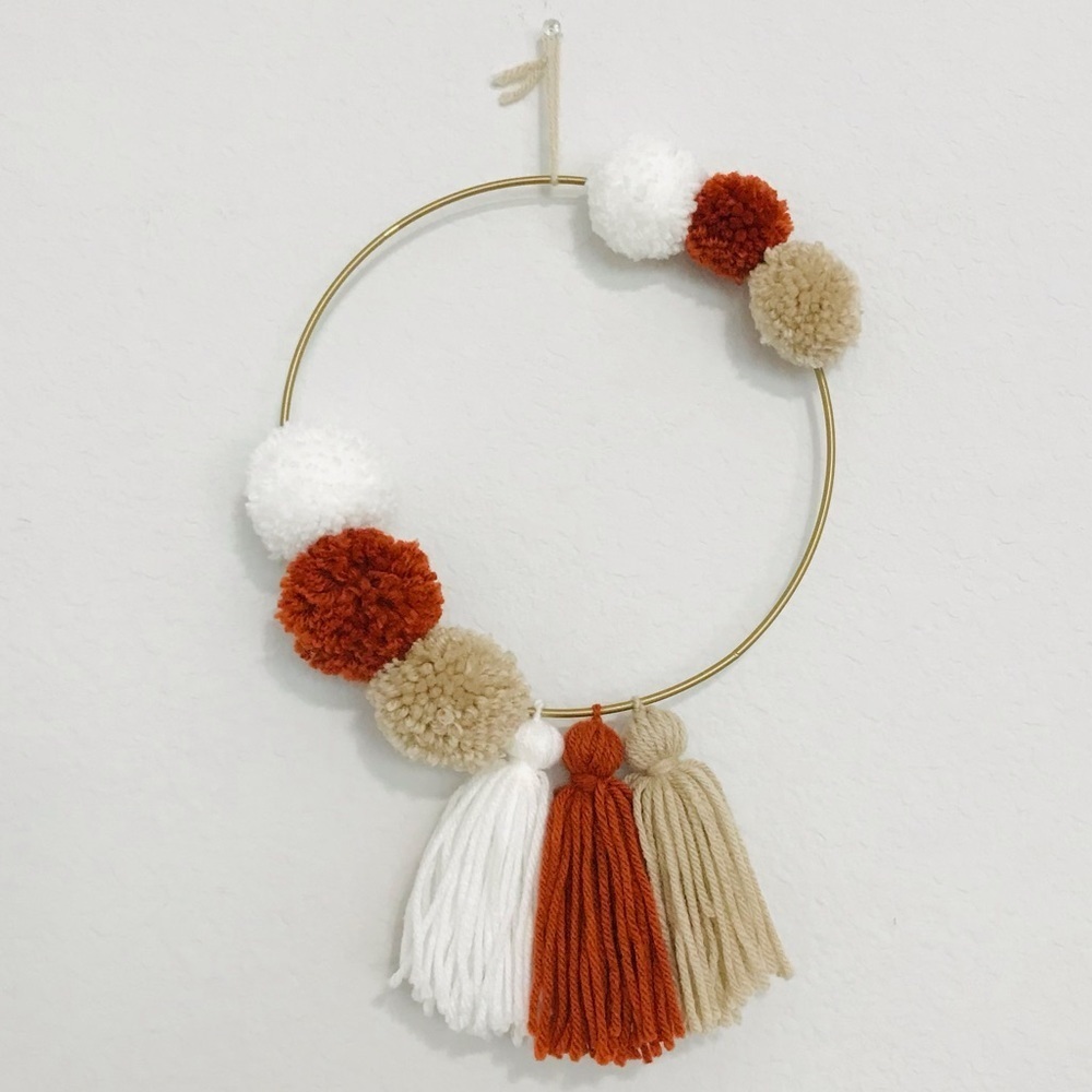New! Handmade Bohemian Neutral Pom Poms Tassel Wreath Tan Rust Home Wall Decor